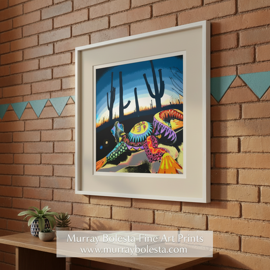Colorful lizard painting with a desert landscape background. Tucson Arizona Desert Art Print – Abstract Lizard and Cactus Sunset in the Sonoran Desert for Unique Wall Art in Oaxacan Style Square Format by Murray Bolesta