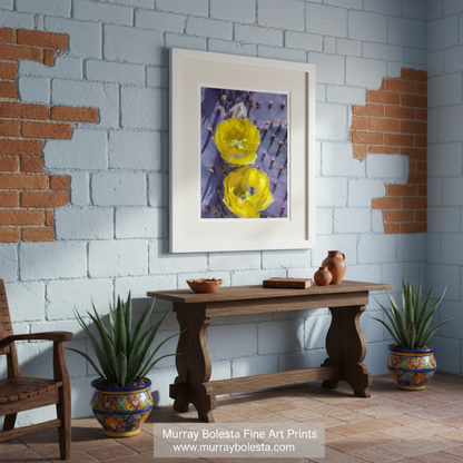 two yellow flowers with white centers, surrounded by a purple background with small purple flowers and thorns. Purple Prickly Pear Cactus | Yellow Wildflower Botanical Art by Murray Bolesta