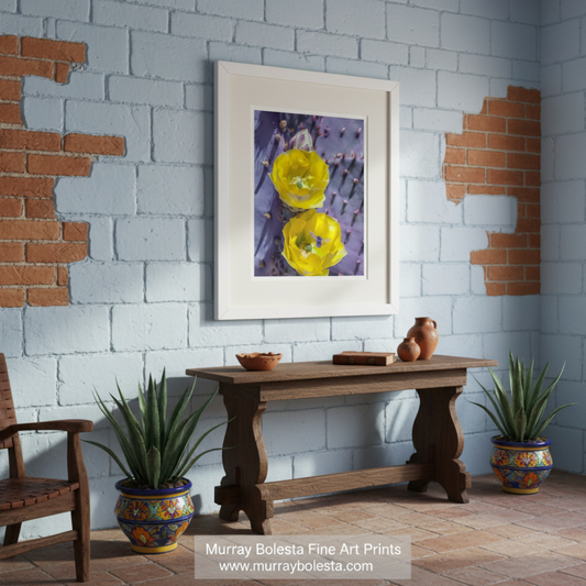 two yellow flowers with white centers, surrounded by a purple background with small purple flowers and thorns. Purple Prickly Pear Cactus | Yellow Wildflower Botanical Art by Murray Bolesta