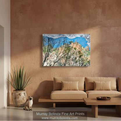 a scenic landscape with a rocky cliff face, lush vegetation, and a clear blue sky. Sycamore Canyon Arizona art by Murray Bolesta!