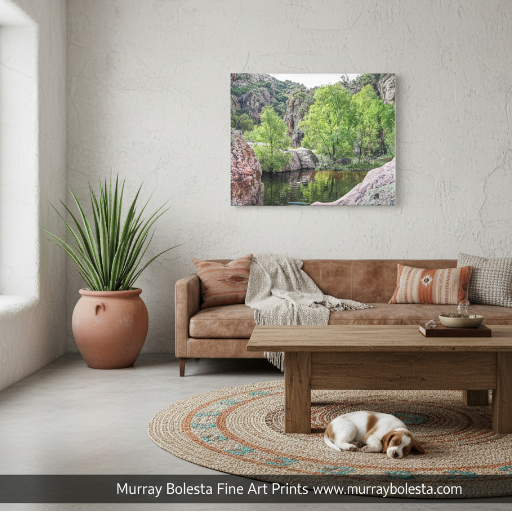 a serene arizona canyon natural landscape with a calm lake surrounded by lush greenery and rocky cliffs. Sycamore Canyon Arizona art by Murray Bolesta/1