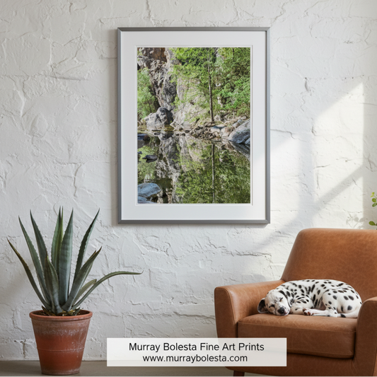 a serene natural scene with a calm body of water reflecting the surrounding landscape, including rocks and trees. Sycamore Canyon Arizona by Murray Bolesta!