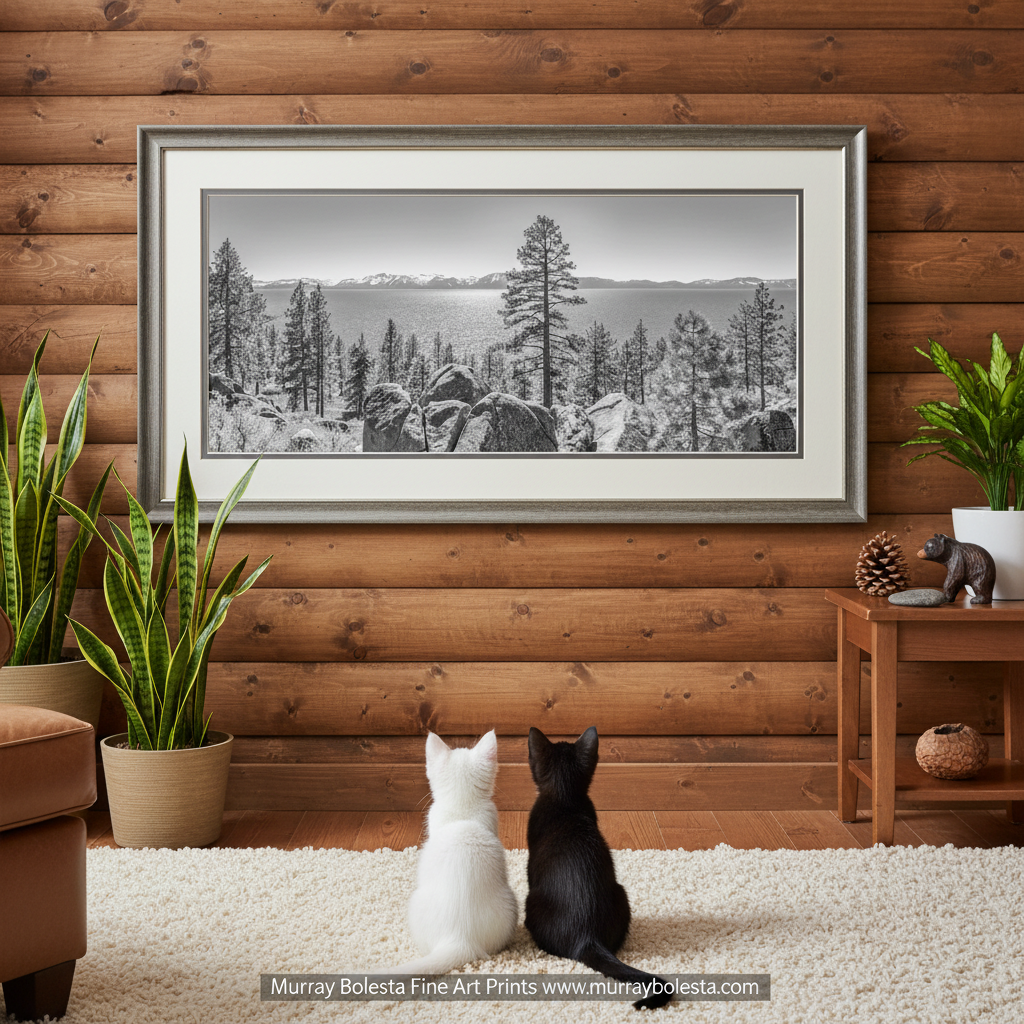 A black and white landscape photograph depicting a serene mountain range with snow-covered peaks and a forested area in the foreground.Black & White Panoramic Art Print | Lake Tahoe Sierra Nevada Landscape by Murray Bolesta