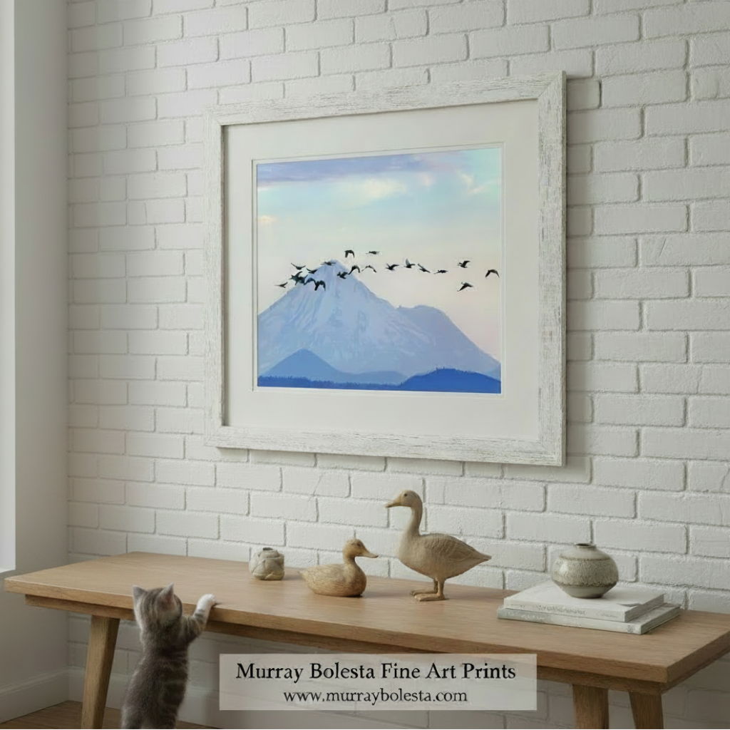 Canvas print of a mountain with birds flying over it on a brick wall background. Mount Shasta art by Murray Bolesta