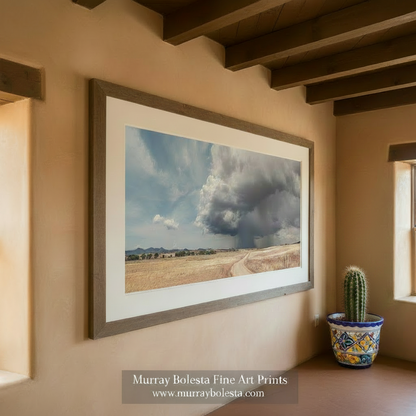 A panoramic view of a rural landscape with a dirt road leading through a field of dry grass, with a large, ominous storm cloud looming in the distance. Tucson Arizona Landscape Art - Canelo Hills Country Roads Prairie Storm Print by Murray Bolesta