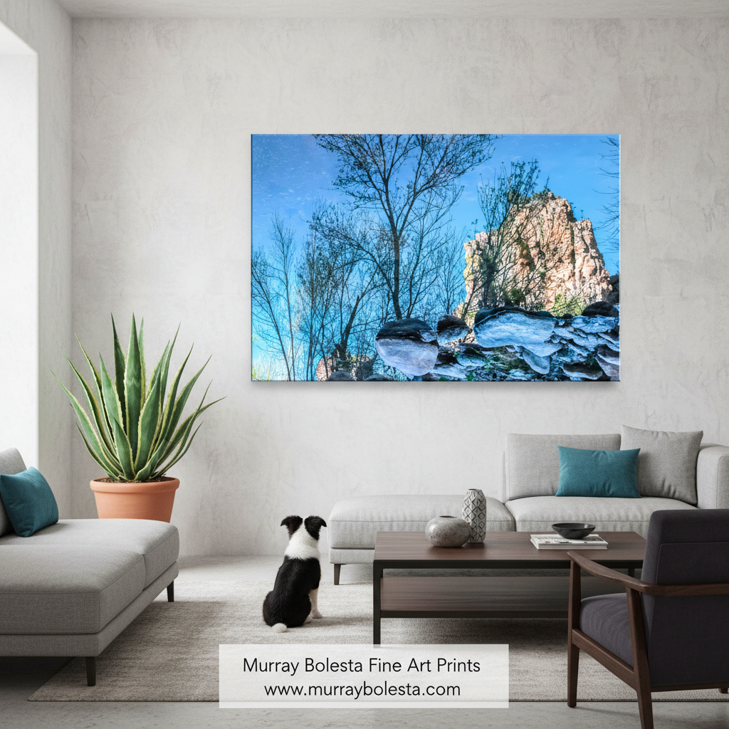 a rocky arizona canyon landscape with a large rock formation in the background and bare trees in the foreground, creating a serene and natural scene. Sycamore Canyon Arizona USA by Murray Bolesta