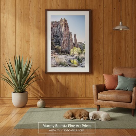 a serene natural landscape with towering red rock formations, a small stream, and lush vegetation. Sycamore Canyon Arizona landscape photography by Murray Bolesta!
