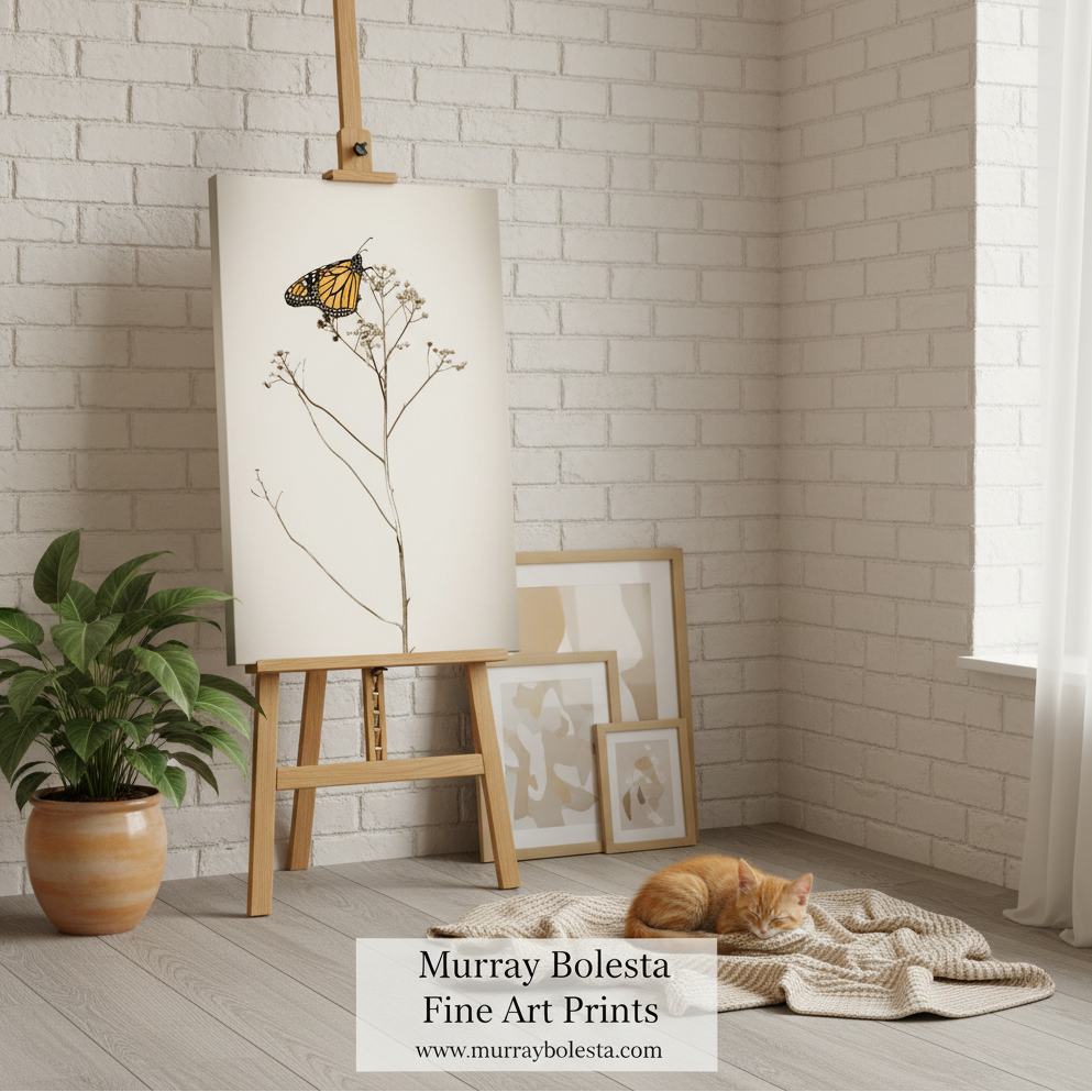 By Murray Bolesta! A fine art print of a monarch butterfly on delicate branches displayed on a wooden easel in a bright, modern room with a white brick wall, a potted plant, and a sleeping orange cat on a blanket.