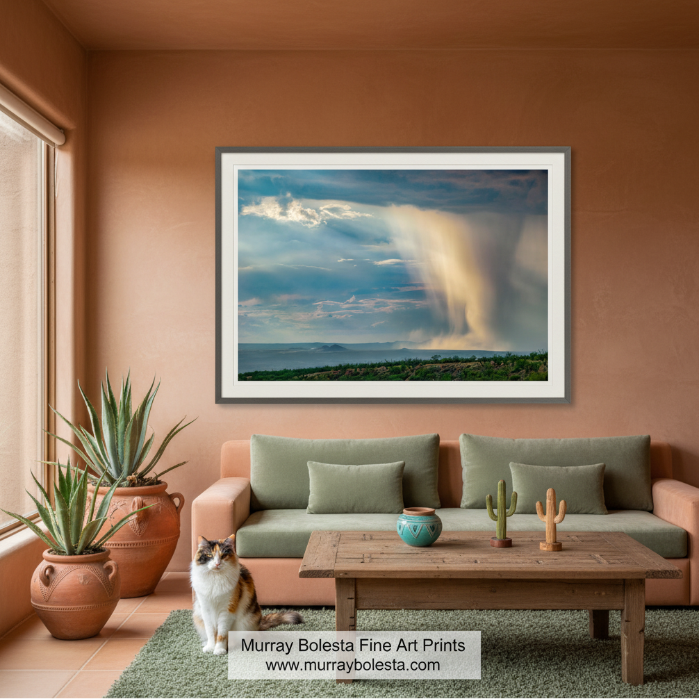 Tucson Arizona monsoon storm. A framed landscape art print of a dramatic rain shaft over a desert valley hangs on a terracotta-colored wall above a sofa in a styled living room. The print is by Murray Bolesta, whose name and website are displayed at the bottom.