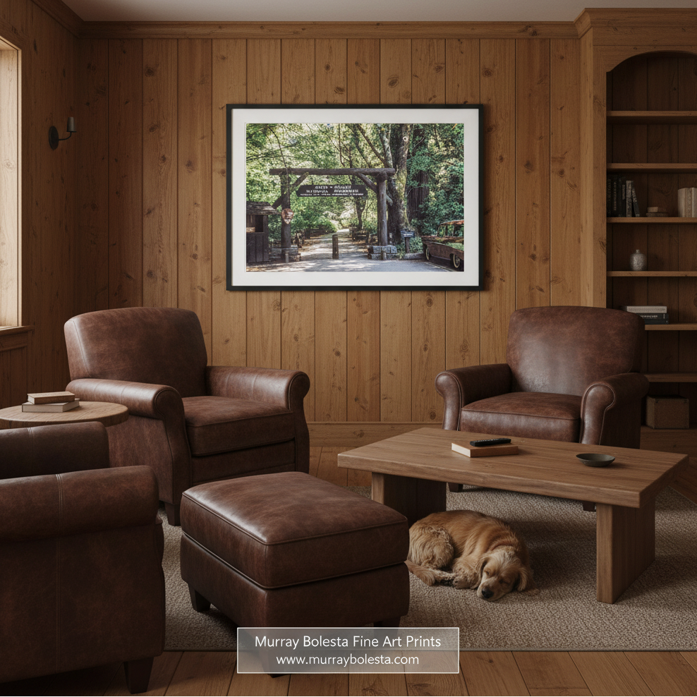 Vintage Muir Woods photo. Murray Bolesta. A framed art print depicting a serene forest path under a wooden archway, displayed on a wood-paneled wall in a cozy living room with brown leather armchairs, a coffee table, and a sleeping dog.
