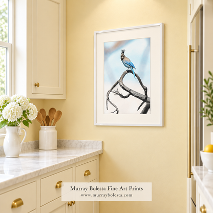 Close-up kitchen mockup featuring framed Steller’s jay artwork by Murray Bolesta