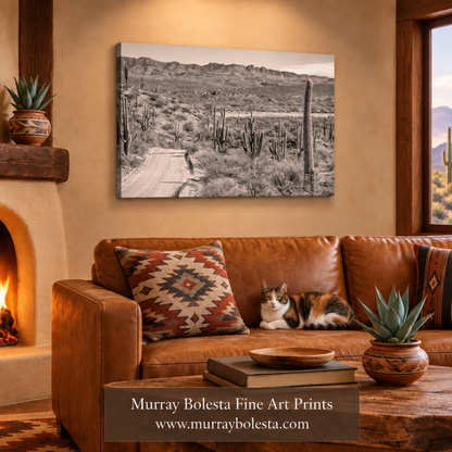 Rustic Southwest room mockup with a glowing fireplace and calico cat by Murray Bolesta