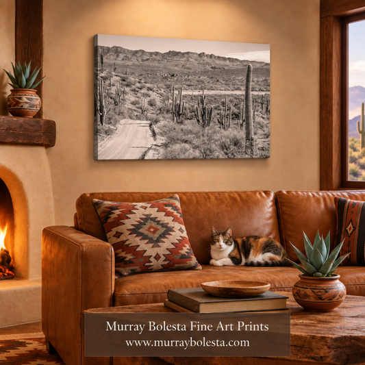 Rustic Southwest room mockup with a glowing fireplace and calico cat by Murray Bolesta