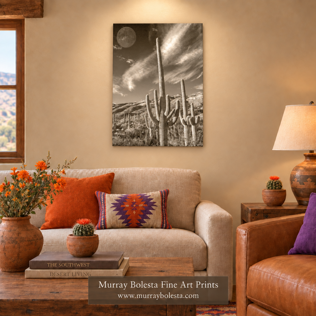 Southwestern living-room mockup with a subtly shorter portrait canvas by Murray Bolesta