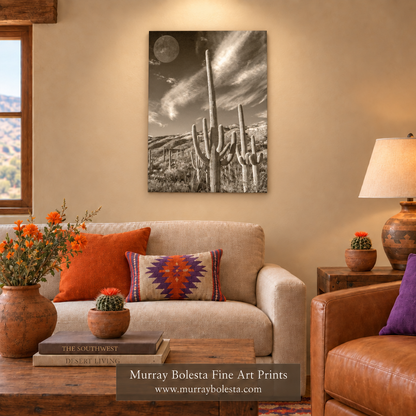 Southwestern living-room mockup with a subtly shorter portrait canvas by Murray Bolesta
