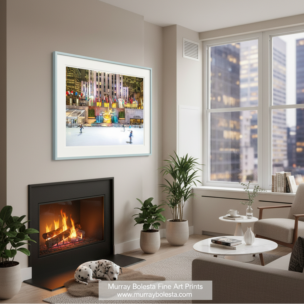 a lively ice skating rink in front of a large building adorned with numerous colorful flags, creating a festive atmosphere. Rockefeller Center Ice Skating Rink NYC Art Print | Winter Photo by Murray Bolesta!