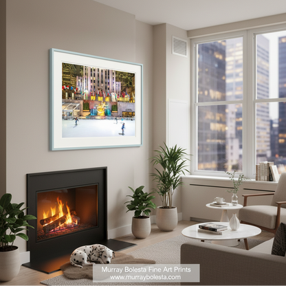 a lively ice skating rink in front of a large building adorned with numerous colorful flags, creating a festive atmosphere. Rockefeller Center Ice Skating Rink NYC Art Print | Winter Photo by Murray Bolesta!