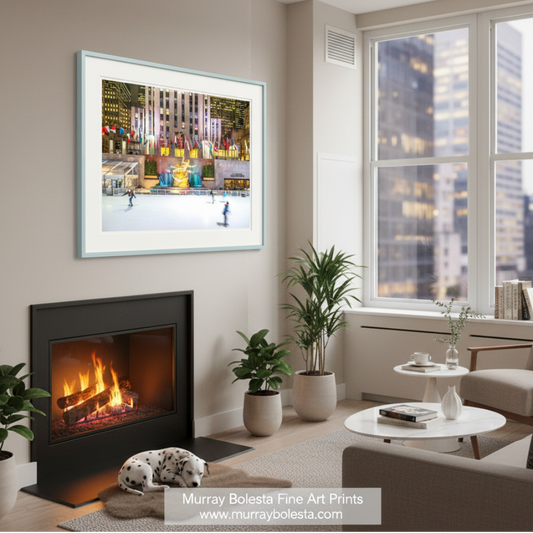 a lively ice skating rink in front of a large building adorned with numerous colorful flags, creating a festive atmosphere. Rockefeller Center Ice Skating Rink NYC Art Print | Winter Photo by Murray Bolesta!