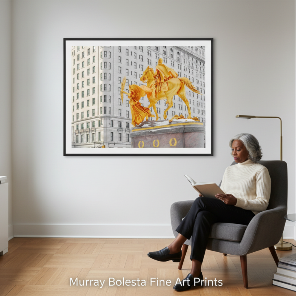 A framed art print depicting a golden equestrian statue against a city building facade, displayed on a light gray wall in a modern living room setting. A woman is seated in a gray armchair reading a book nearby. NYC art by Murray Bolesta