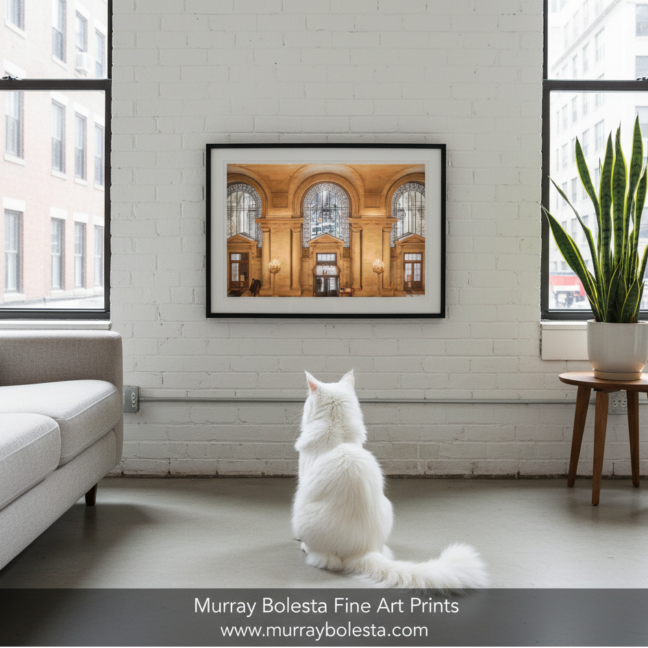 New York Public Library by Murray Bolesta! A white cat sits on a floor facing a framed art print of a grand interior hall with arched windows, displayed on a white brick wall in a modern living room setting.
