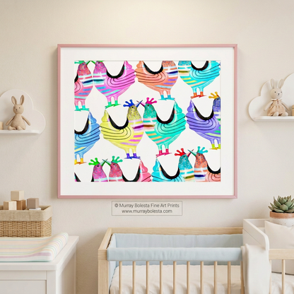 Whimsical chicken barnyard art for nursery, art print by Murray Bolesta!