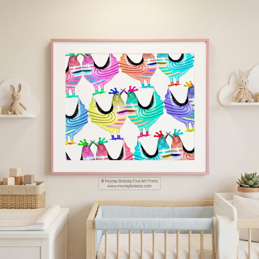 Whimsical chicken barnyard art for nursery, art print by Murray Bolesta!