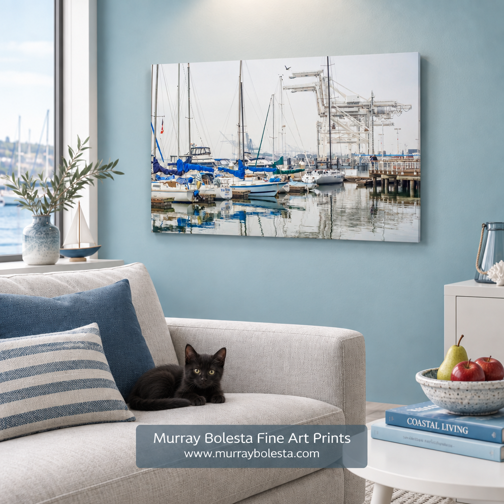 A framed wall art print showing a harbor scene with boats and masts, displayed above a light gray sofa in a styled living room. A black cat rests on the sofa, and a side table with fruit and books is visible nearby. Artwork of Jack London Square by Murray Bolesta