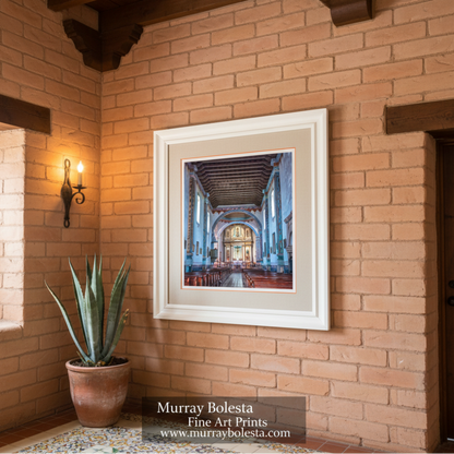 a large, ornate church interior with high ceilings, arched windows, and intricate architectural details. California Spanish Colonial Mission Church Art Print in Oceanside by Murray Bolesta