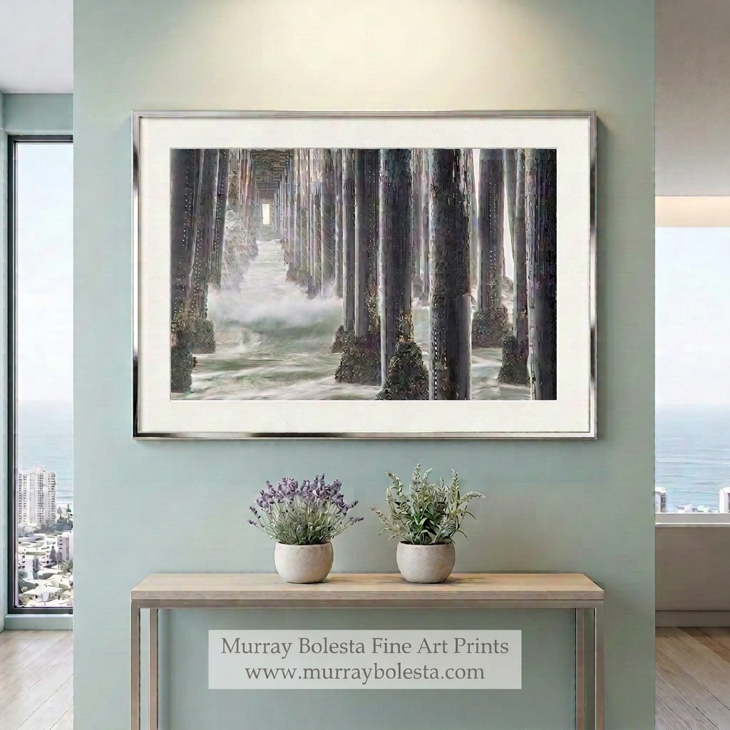 Oceanside Pier San Diego art print by Murray Bolesta. Under pier art with ocean waves in black & white.