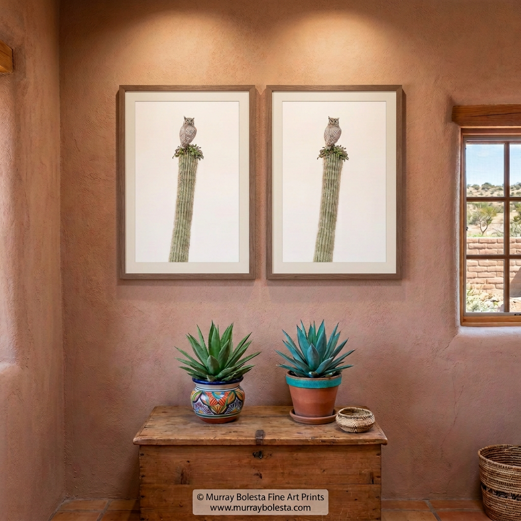 Great Horned Owl on Saguaro Cactus at Ironwood Forest National Monument, diptych art prints by Murray Bolesta