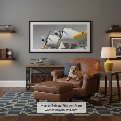 Pan Am PBY by Murray Bolesta. A framed black and white art print of vintage twin-engine propeller airplanes with yellow accents, displayed on a gray wall in a styled living room with a brown leather armchair, ottoman, and a bulldog lying on the chair.