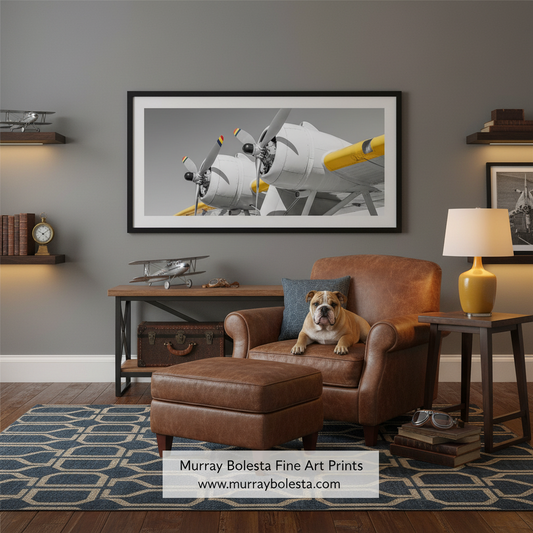 Pan Am PBY by Murray Bolesta. A framed black and white art print of vintage twin-engine propeller airplanes with yellow accents, displayed on a gray wall in a styled living room with a brown leather armchair, ottoman, and a bulldog lying on the chair.