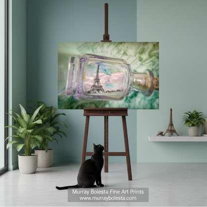 Image depicting the Eiffel Tower inside a glass bottle against a whimsical pastel background. Paris by Murray Bolesta!