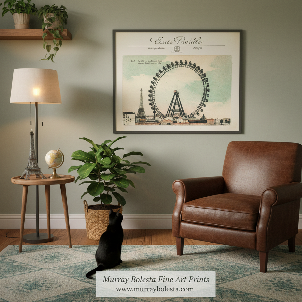 A vintage art print featuring the Ferris wheel and Eiffel Tower in Paris, with a title at the top reading 'Carre Postale' and a label stating 'Photographie d'Original'. Presented by Murray Bolesta!