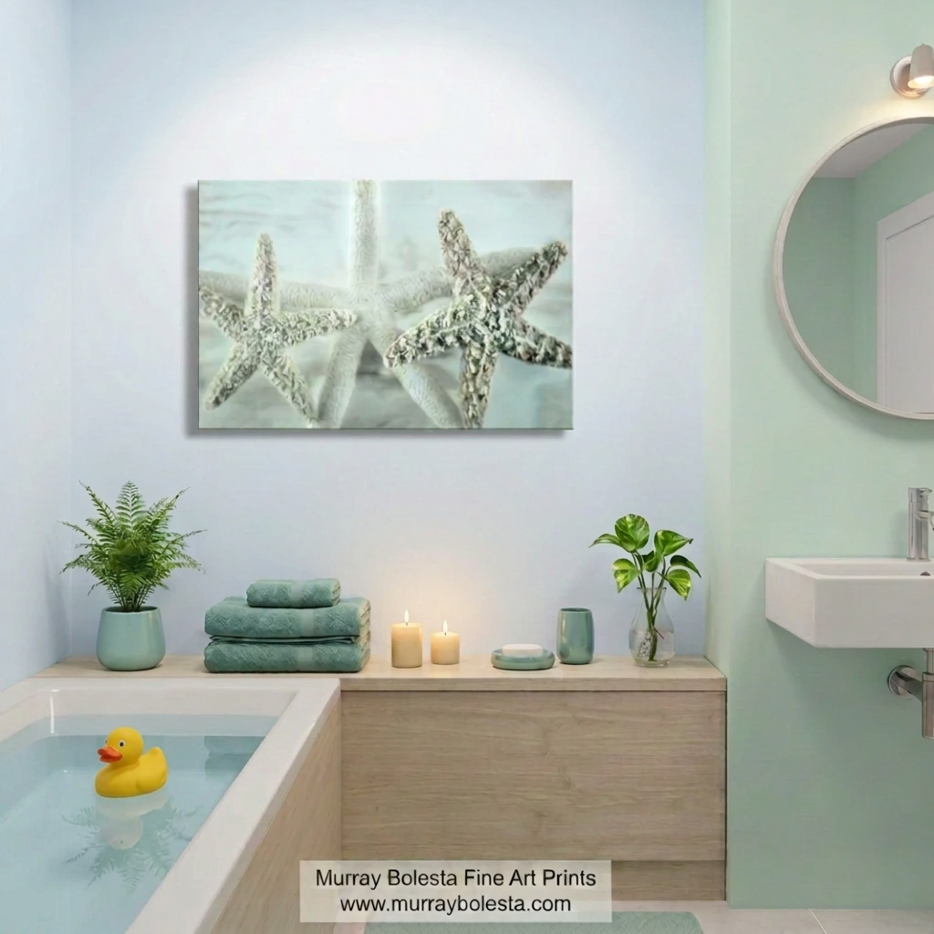 Pastel bathroom seashell art with sea stars, by Murray Bolesta