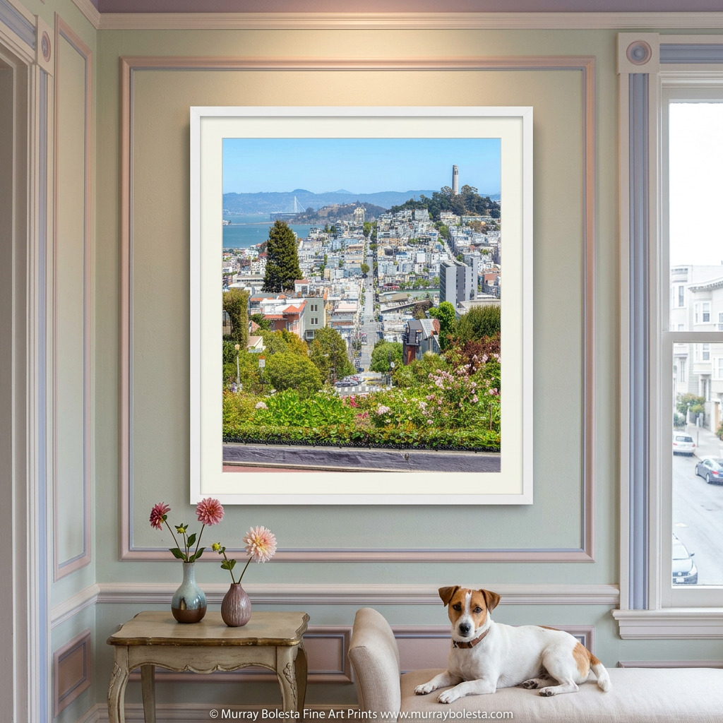 Pastel Victorian room mockup with Lombard Street artwork, San Francisco California, art print by Murray Bolesta