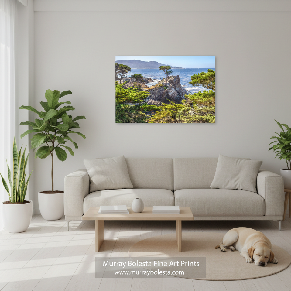 Pebble Beach California by Murray Bolesta. A framed wall art print showing a rocky coastal landscape with green trees and blue water, displayed above a light beige sofa in a bright living room. A dog lies on the floor nearby, and plants are visible around the room.