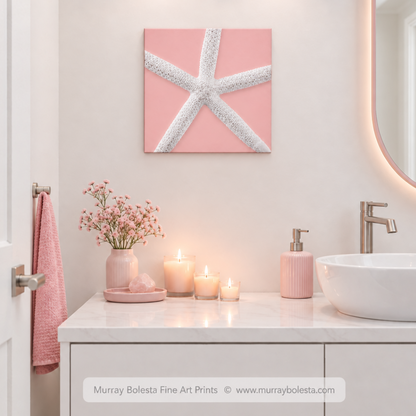 Pink bathroom with sea star art by Murray Bolesta