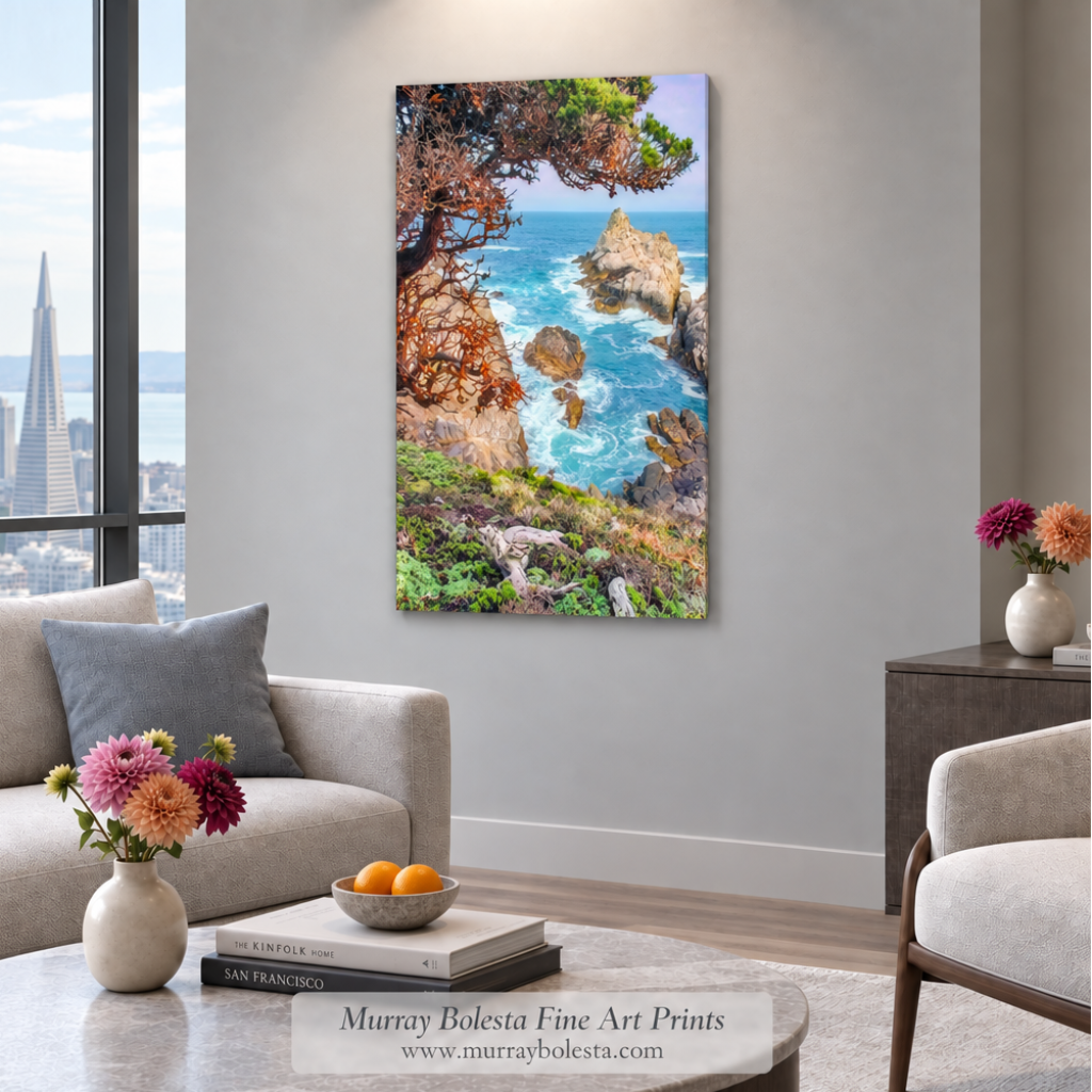 Point Lobos canvas with dahlia vases and a bowl of two oranges by Murray Bolesta