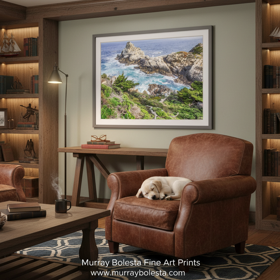 Point Lobos art by Murray Bolesta! A framed coastal landscape art print hangs on a wall in a styled living room with a brown leather armchair, a sleeping white dog, bookshelves, and a coffee table. The print depicts rocky cliffs, blue ocean water, and green vegetation.r