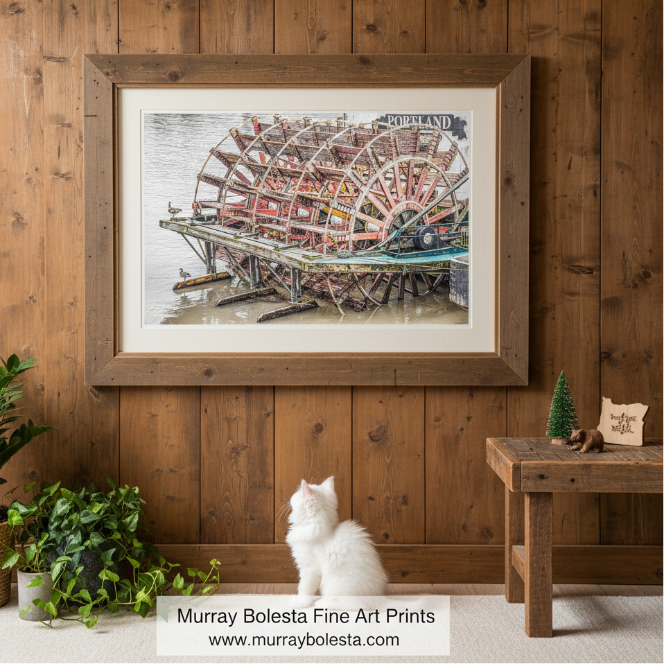 Art by Murray Bolesta! A framed art print of a paddle wheel boat in Portland Oregon displayed on a rustic wooden wall above a small wooden table and a white cat. The print is framed in a medium brown wood frame with a white mat.