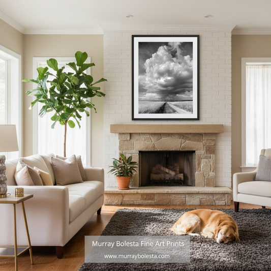 San Rafael Valley Arizona USA by Murray Bolesta. A framed black and white landscape art print of dramatic clouds over a field, displayed on a white brick wall above a stone fireplace in a modern living room with a dog on a rug.