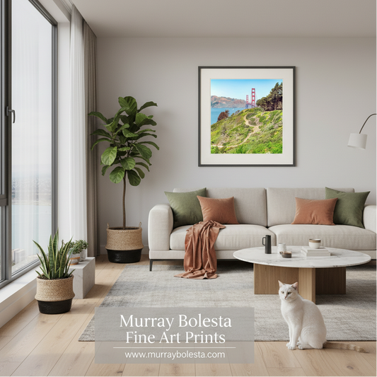 Presidio Bluff by Murray Bolesta.A framed art print of the Golden Gate Bridge and Marin Headlands hanging on a light gray wall in a modern living room with a beige sofa, plants, and a white cat. Text at the bottom reads 'Murray Bolesta Fine Art Prints'.