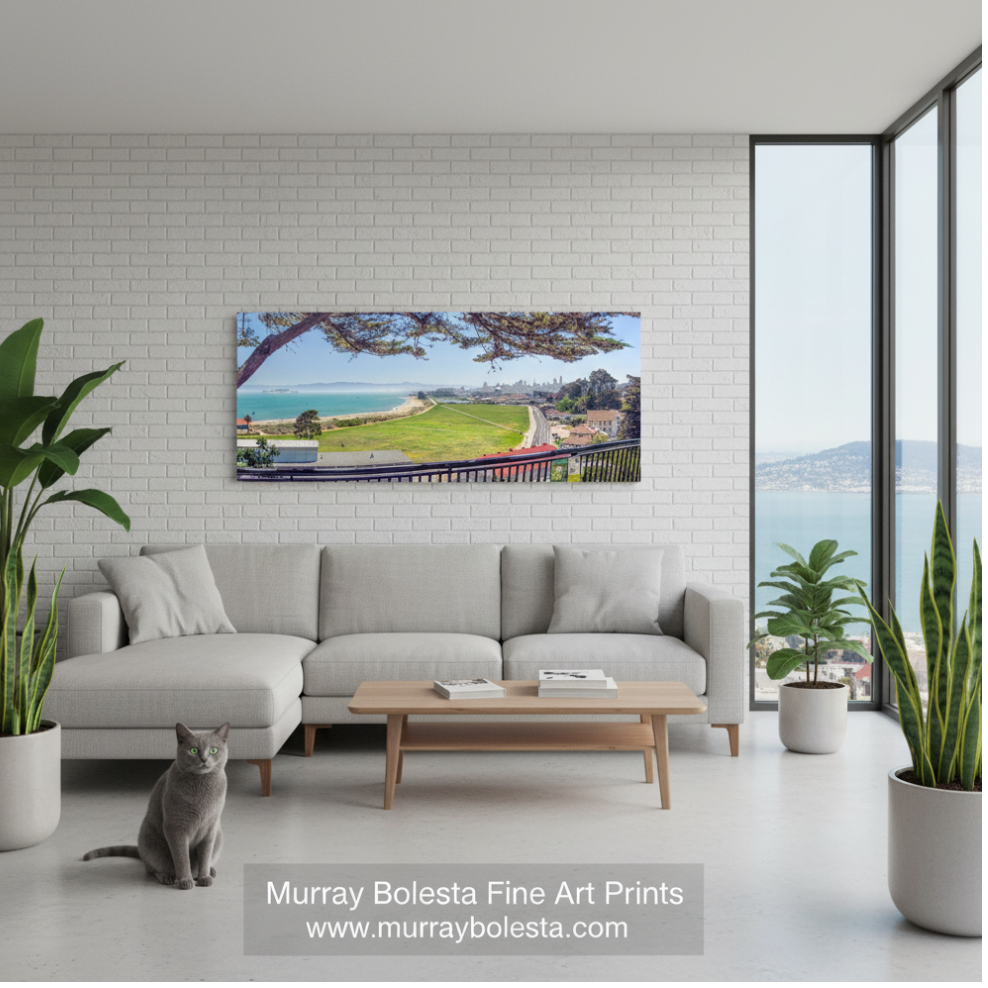 Presidio Chrissy Field! A panoramic landscape art print by Murray Bolesta depicting a coastal green racecourse under a tree, shown hanging on a white brick wall in a modern living room mockup with a gray sectional sofa and a cat.