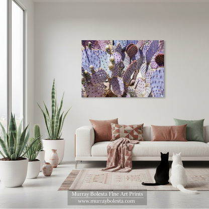 Blue prickly pear cactus by Murray Bolesta! A framed wall art print depicting purple and lavender prickly pear cacti is displayed on a light gray wall above a modern white sofa in a styled living room. Two cats are sitting on the floor in front of the couch, and several potted cacti and plants are arranged on the left side of the room.
