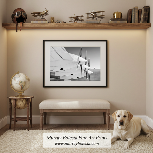 A framed black and white art print of an airplane propeller is displayed on a beige wall in a styled room with a bench, shelf, globe, and a yellow Labrador retriever lying on the floor. A watermark at the bottom reads 'Murray Bolesta Fine Art Prints'.