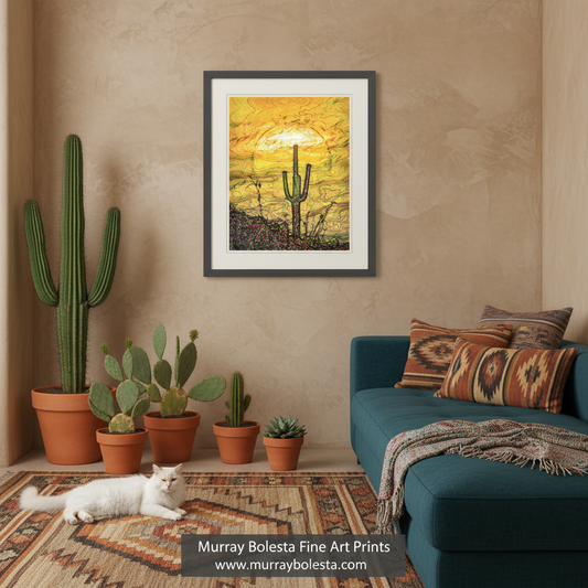 A framed art print depicting a desert sunset with saguaro cacti, displayed on a beige wall in a styled living room with a teal sofa, patterned pillows, potted cacti, and a white cat on a rug. A watermark at the bottom reads 'Murray Boleta Fine Art Prints'.