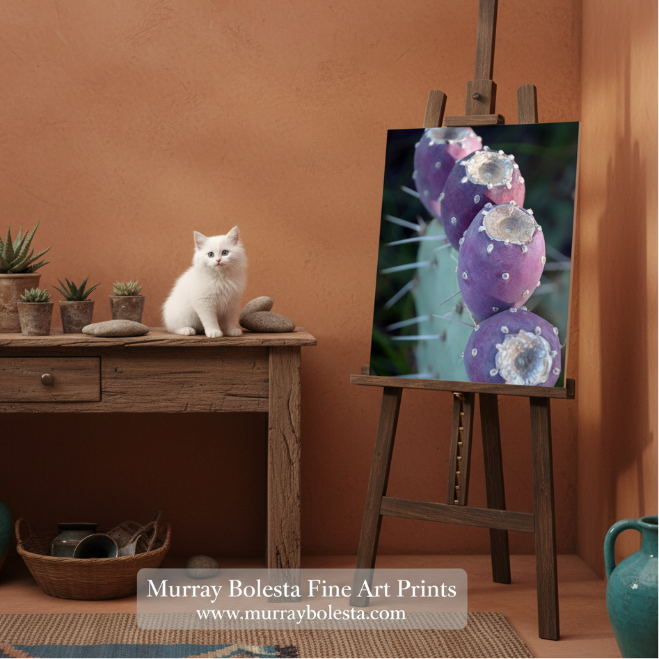 Purple Arizona cactus by Murray Bolesta! A framed-style art print depicting purple cactus fruit with white spines is displayed on a wooden easel in a warm, rustic room. A small white cat sits on a wooden table to the left, and the background features a terracotta-colored wall and decorative plants.