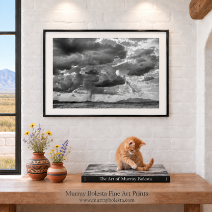 Elgin Arizona ranchland with Santa Rita Mountains in B&W monsoon season, art by Murray Bolesta
