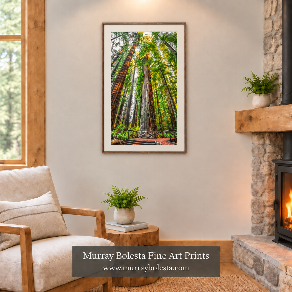 Mountain-cabin den with broader-matted weathered-wood framed artwork. Redwoods art by Murray Bolesta